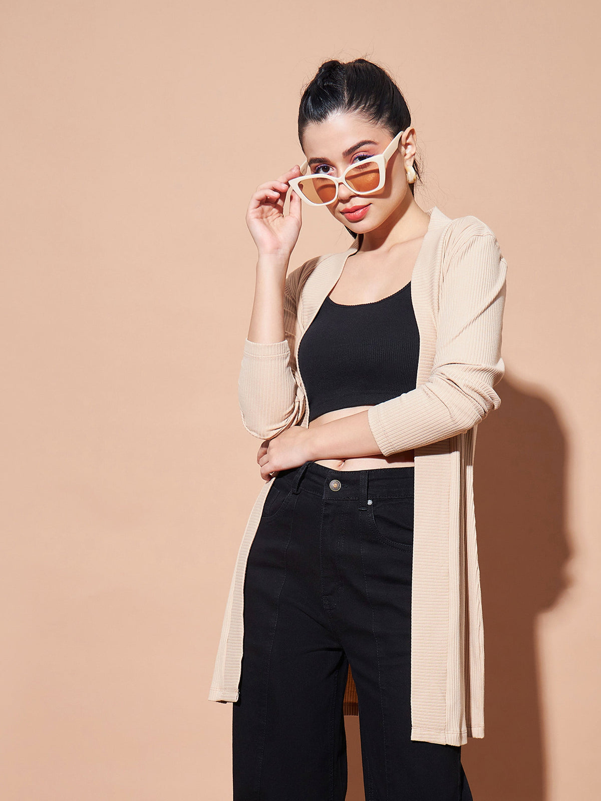Beige Full Sleeves Rib Shrug-SASSAFRAS BASICS