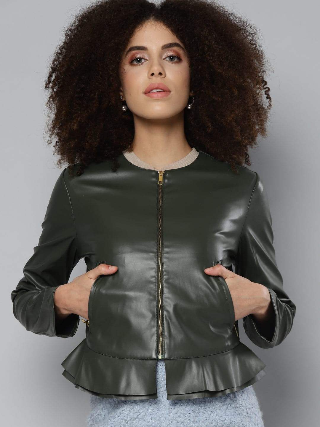 Buy Women Olive PU Frill Hem Jacket Online at Sassafras