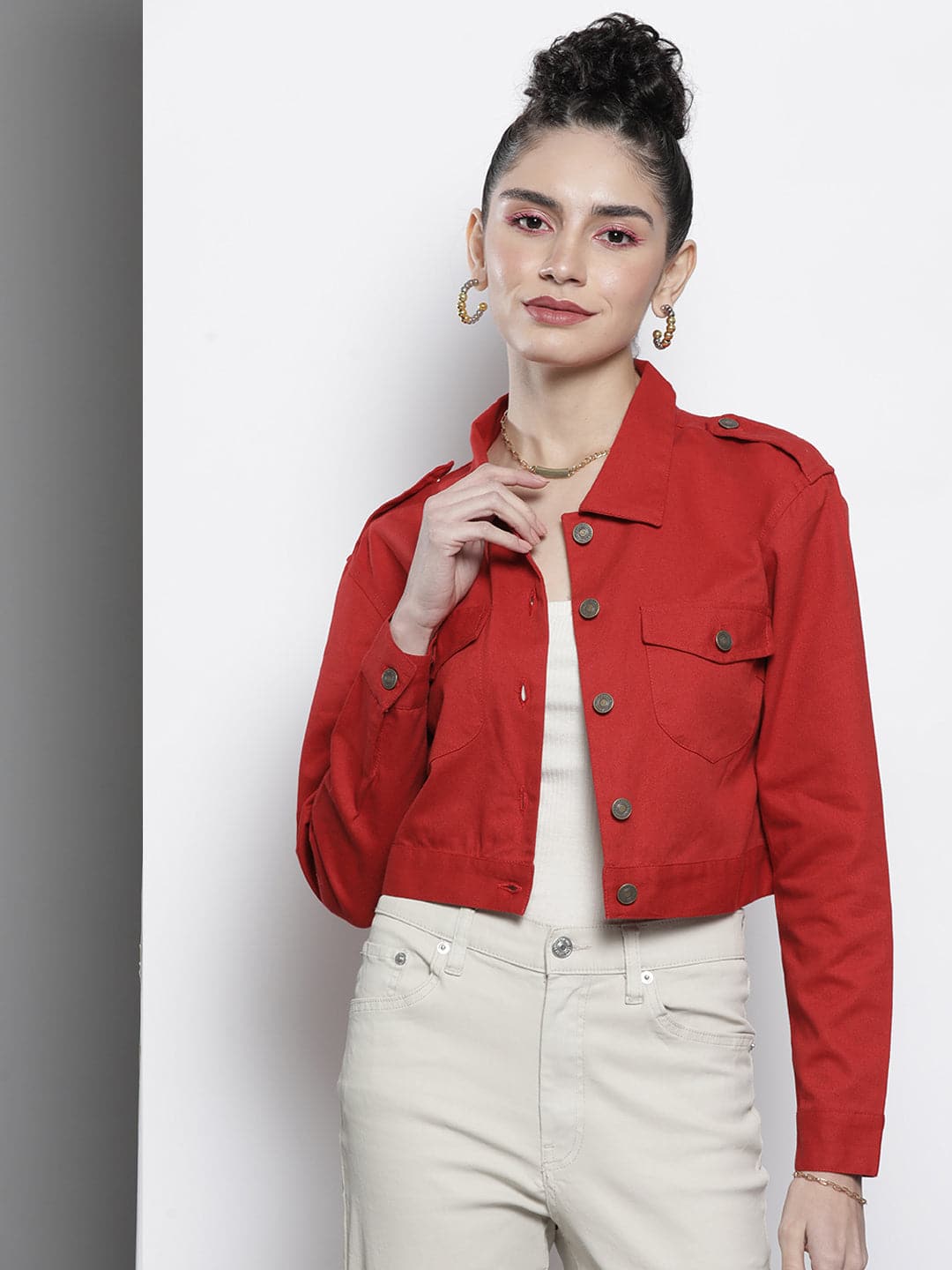 Women Red Twill Crop Jacket