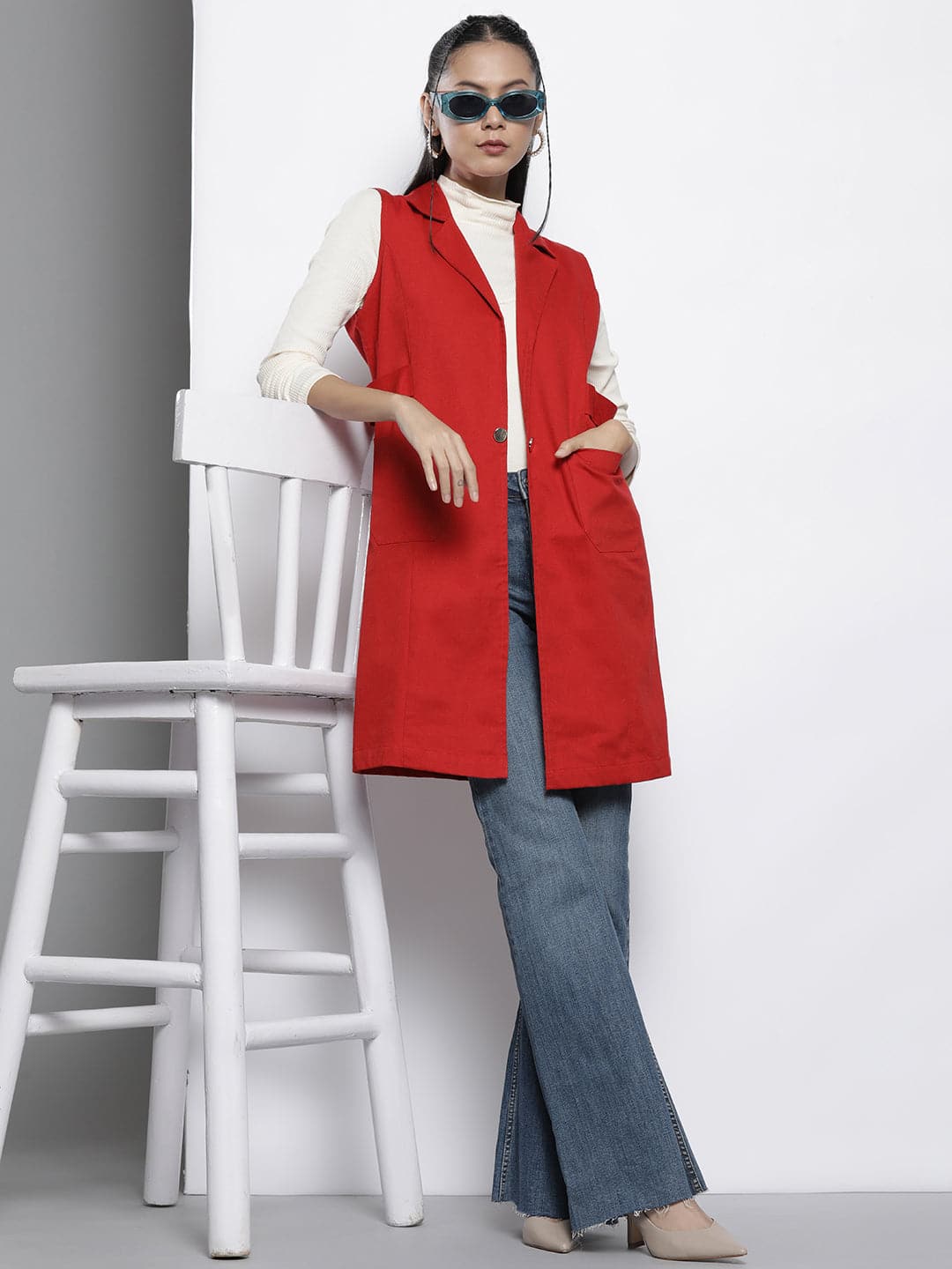 Buy Women Red Twill Longline Sleeveless Jacket Online at Sassafras