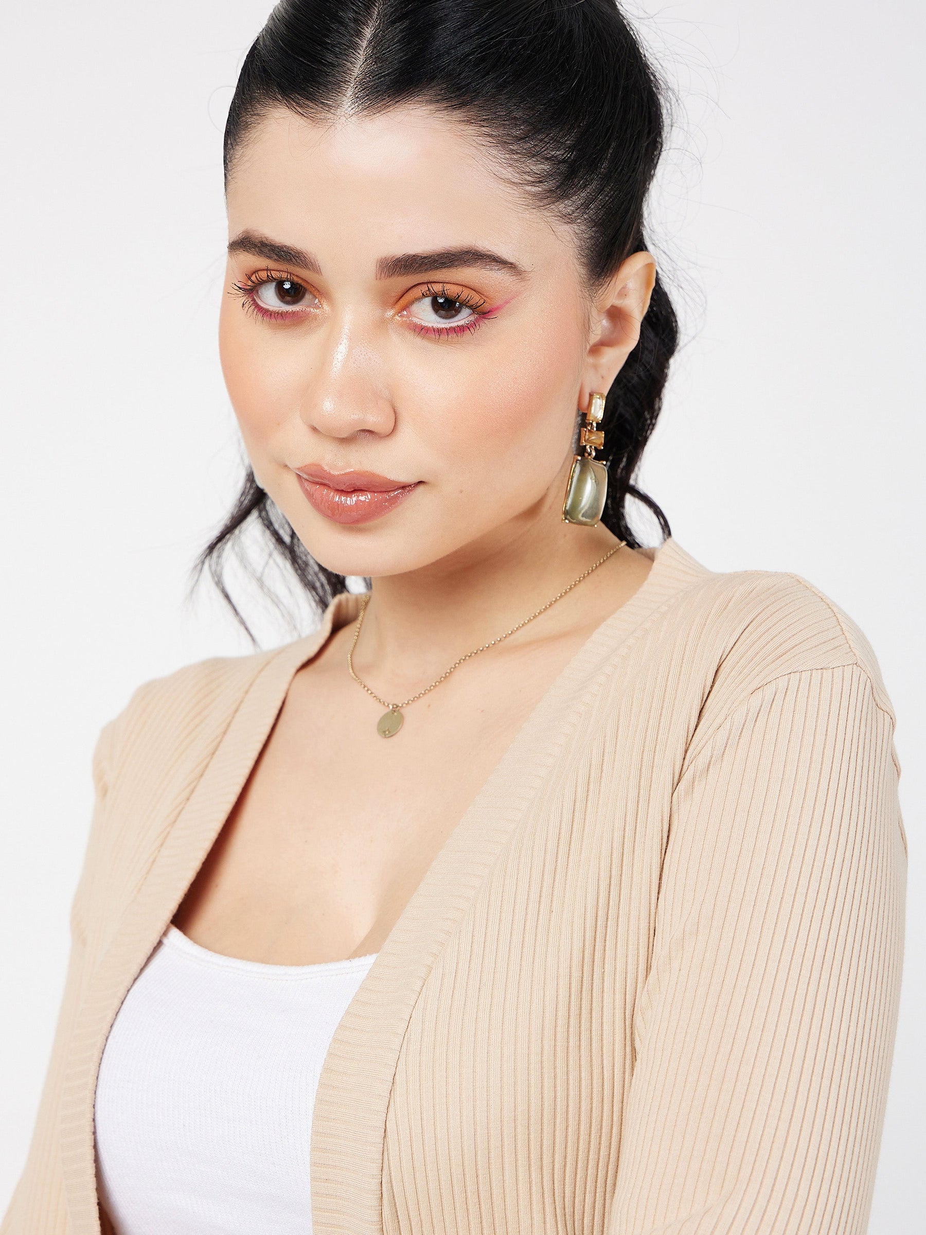 Beige Rib Front Open Shrug-SASSAFRAS