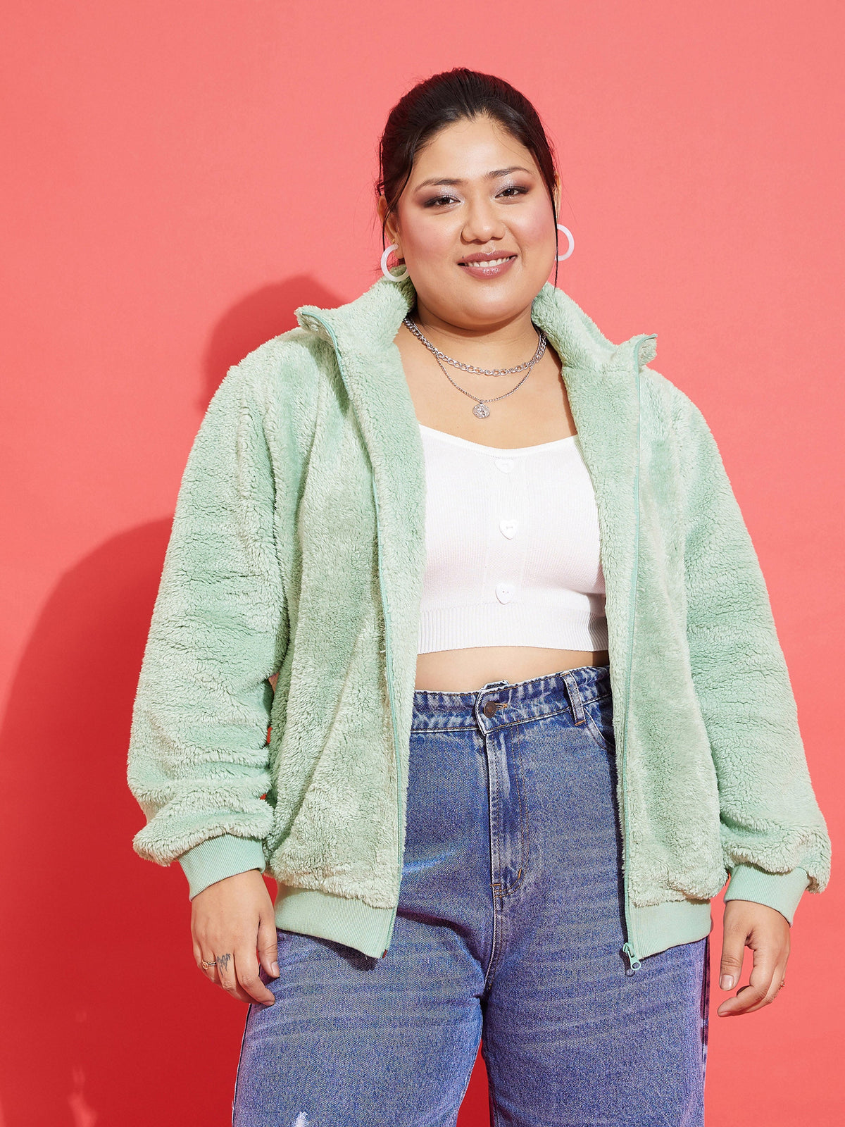 Green Fur Metal Zipper Jacket-SASSAFRAS Curve