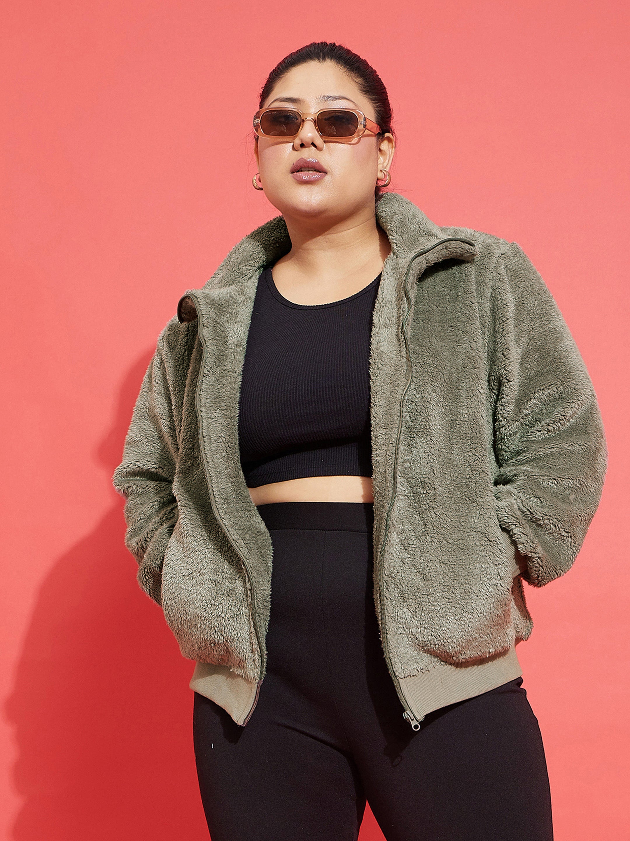 Buy Women Grey Fur Metal Zipper Jacket Online at Best Price
