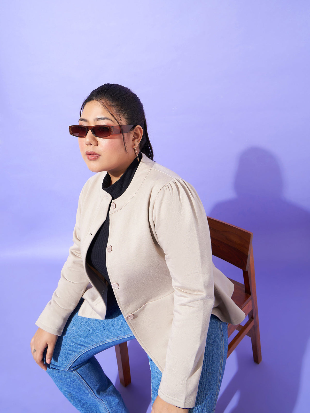 Grey Fleece Button Peplum Jacket-SASSAFRAS Curve
