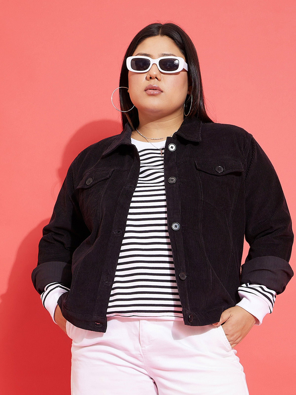 Black Corduroy Button Jacket-SASSAFRAS Curve