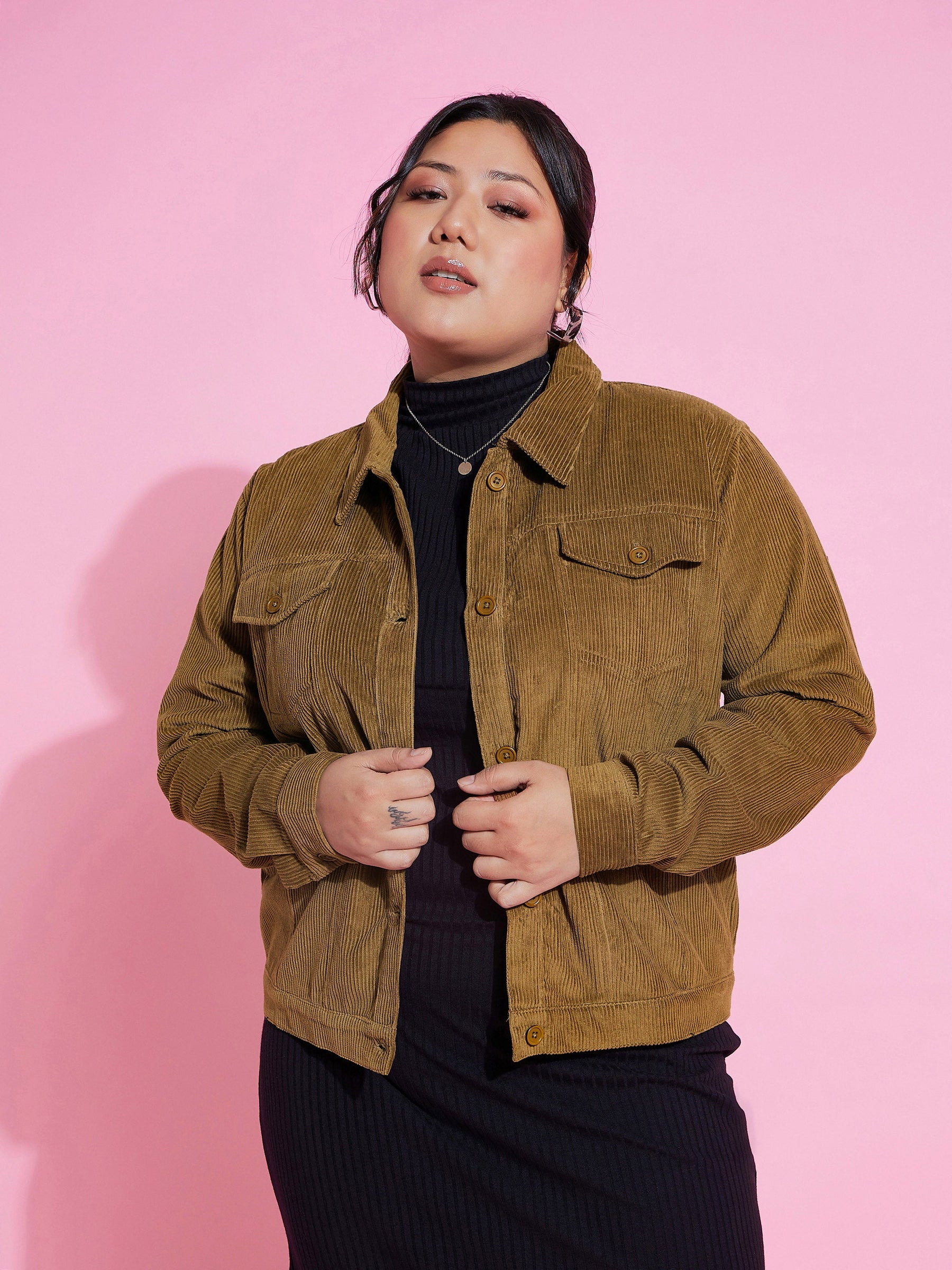 Beige Corduroy Button Jacket-SASSAFRAS Curve