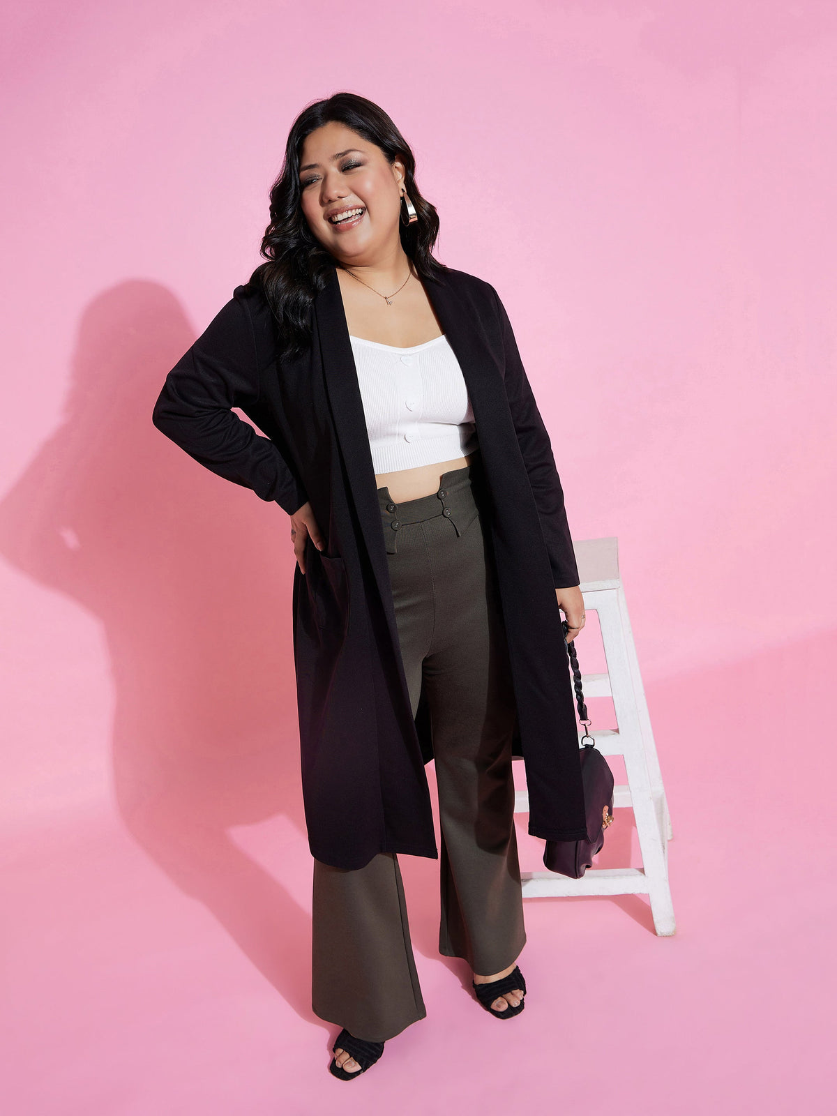 Black Solid Rib Front Open Shrug-SASSAFRAS Curve