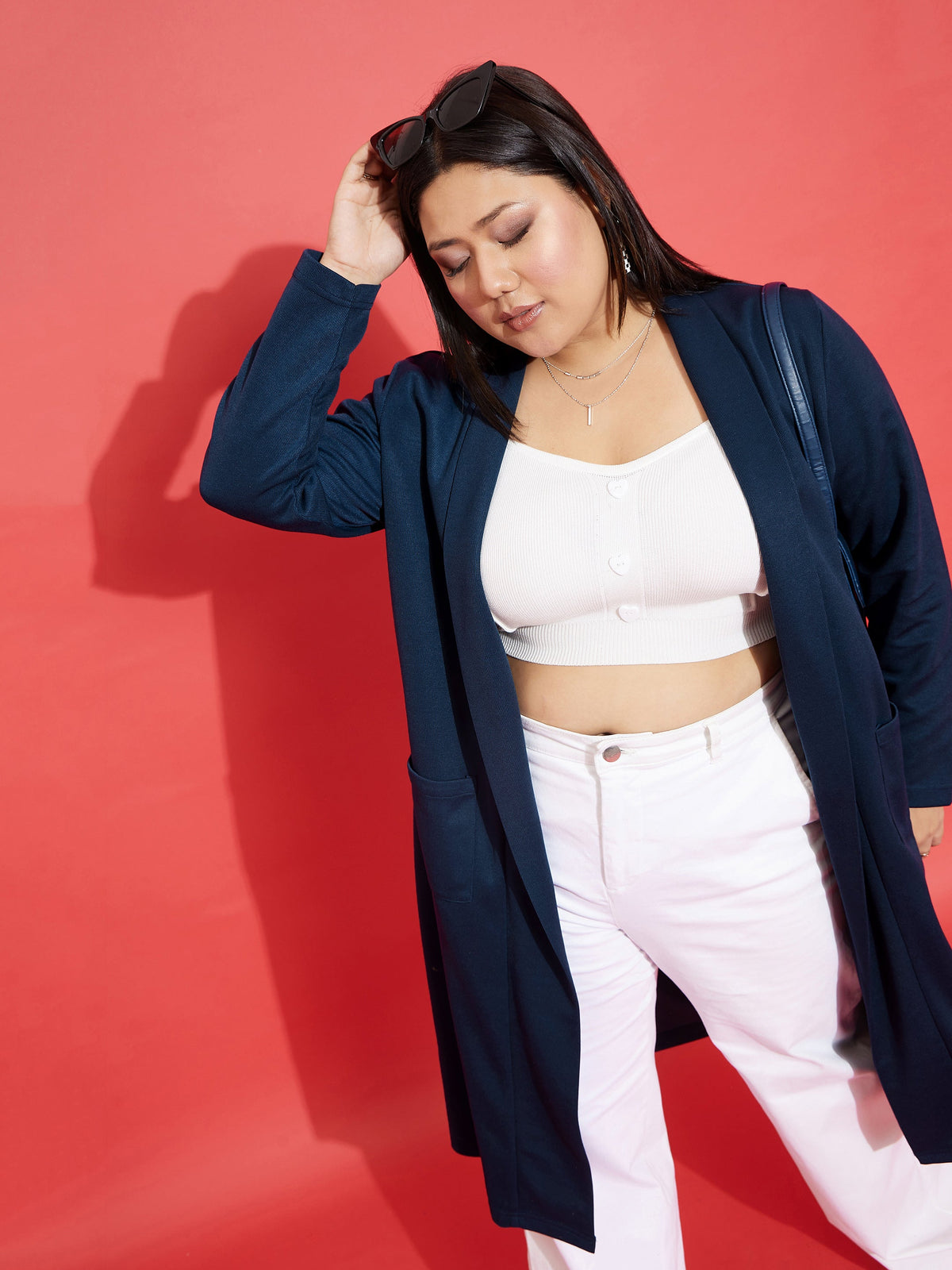 Navy Solid Rib Front Open Shrug-SASSAFRAS Curve