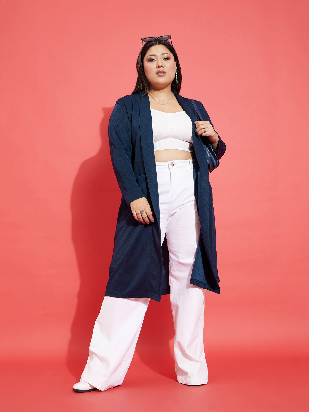 Navy Solid Rib Front Open Shrug-SASSAFRAS Curve