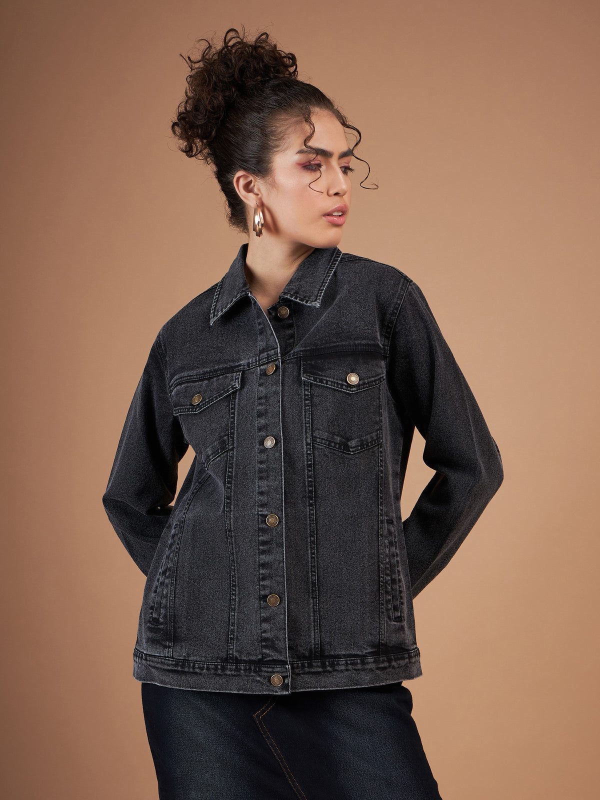 Black Washed Denim Oversized Jacket-SASSAFRAS