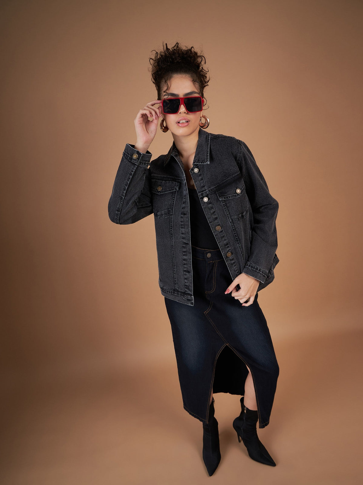Black Washed Denim Oversized Jacket-SASSAFRAS