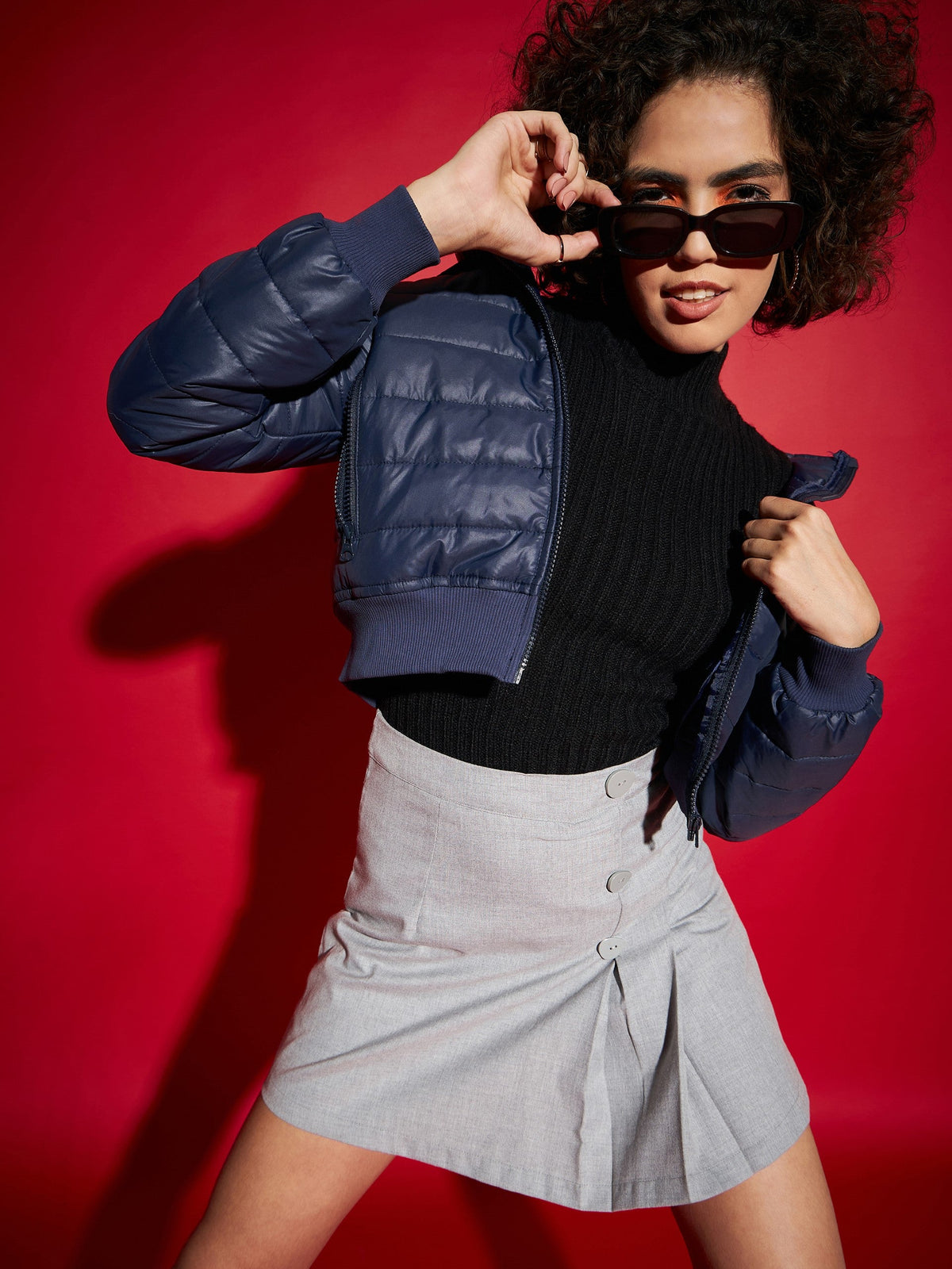 Navy Hooded Crop Bomber Jacket -SASSAFRAS