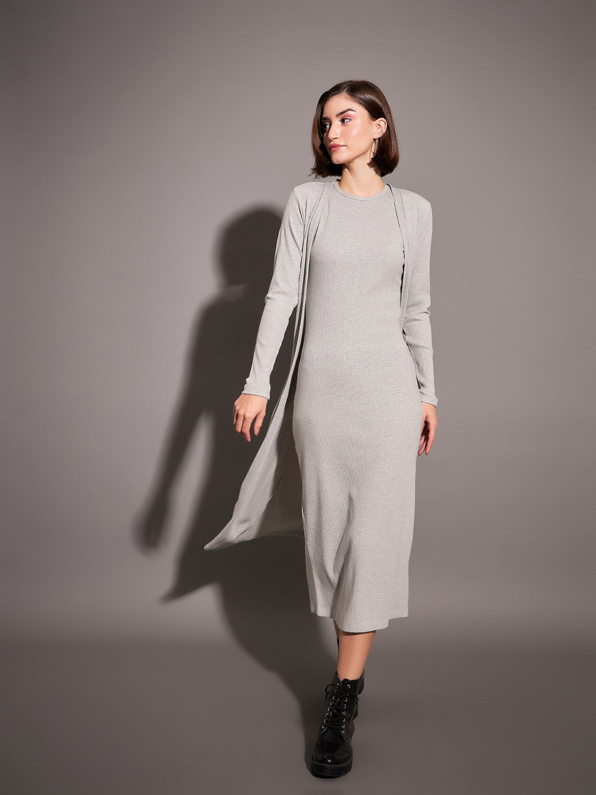 Grey Rib Front Open Shrug-SASSAFRAS