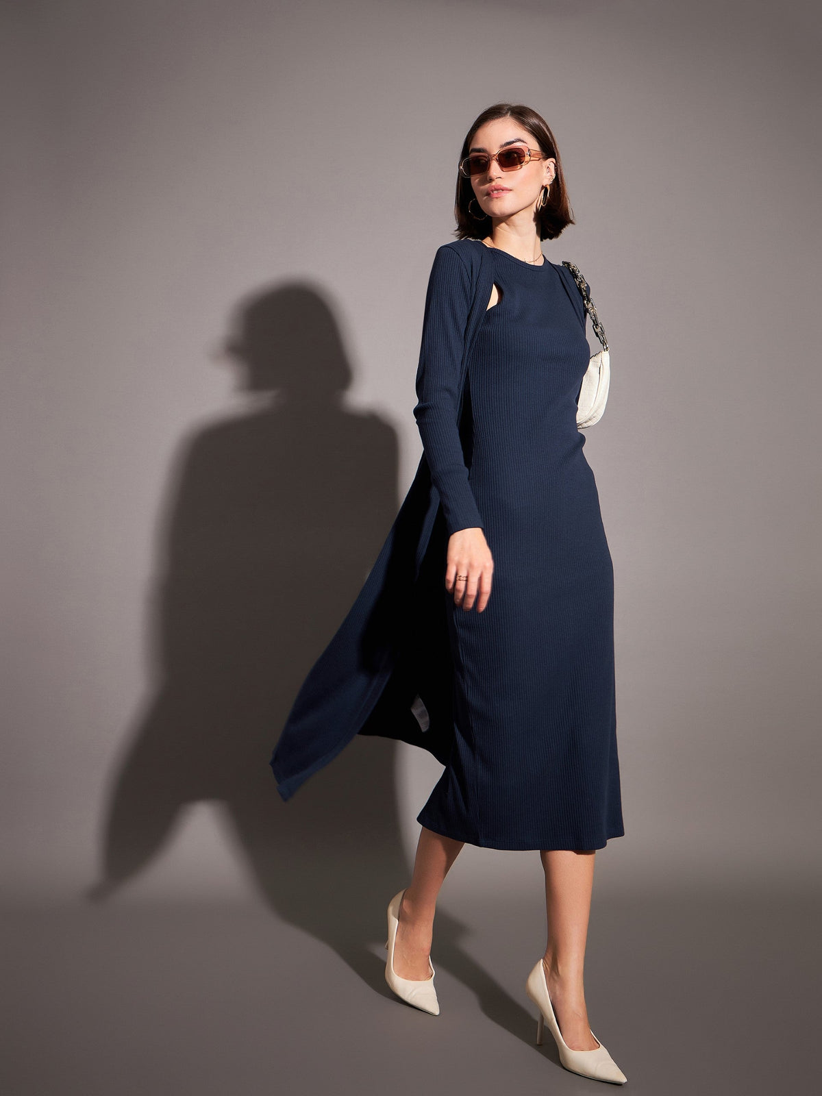 Navy Solid Rib Front Open Shrug-SASSAFRAS