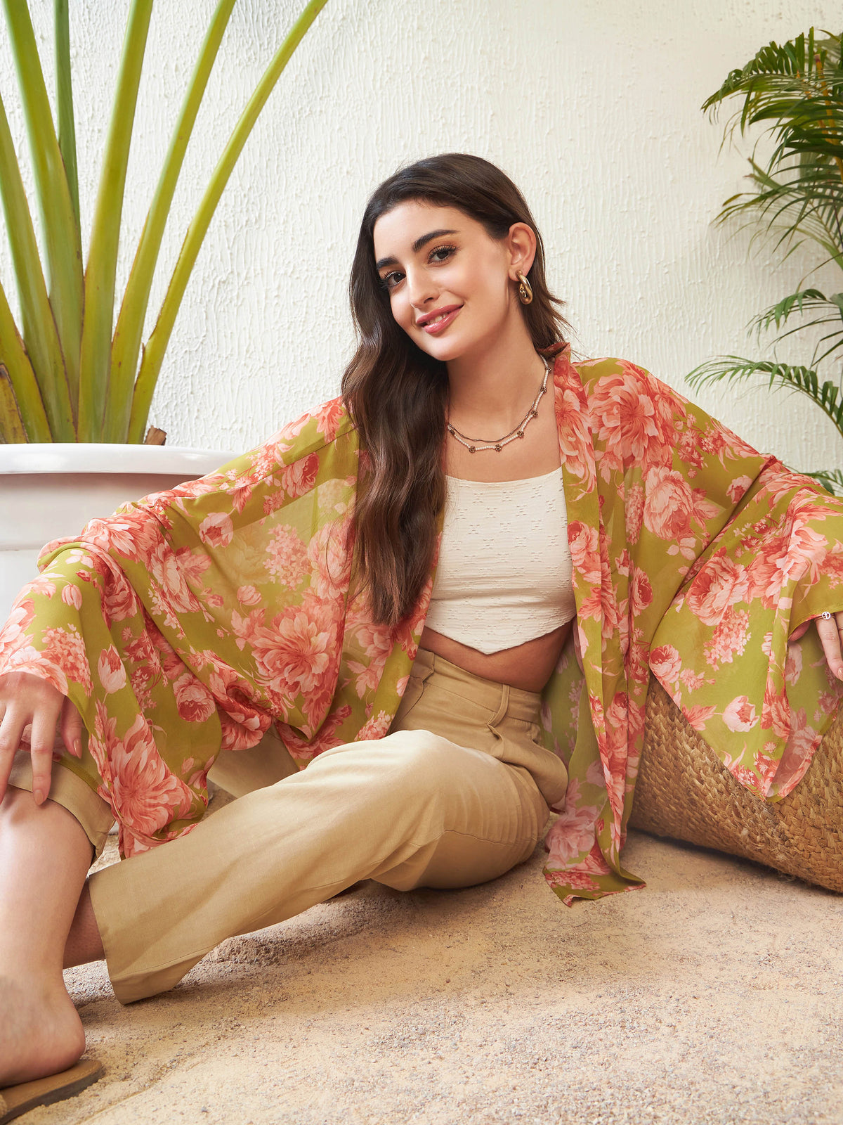 Green Floral Front Open Kimono Shrug-SASSAFRAS