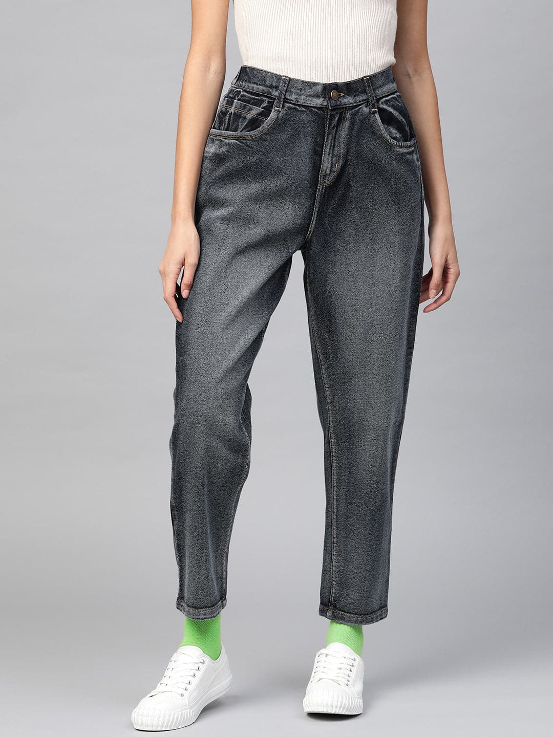 Navy Washed High Waist Basic Jeans-Jeans-SASSAFRAS