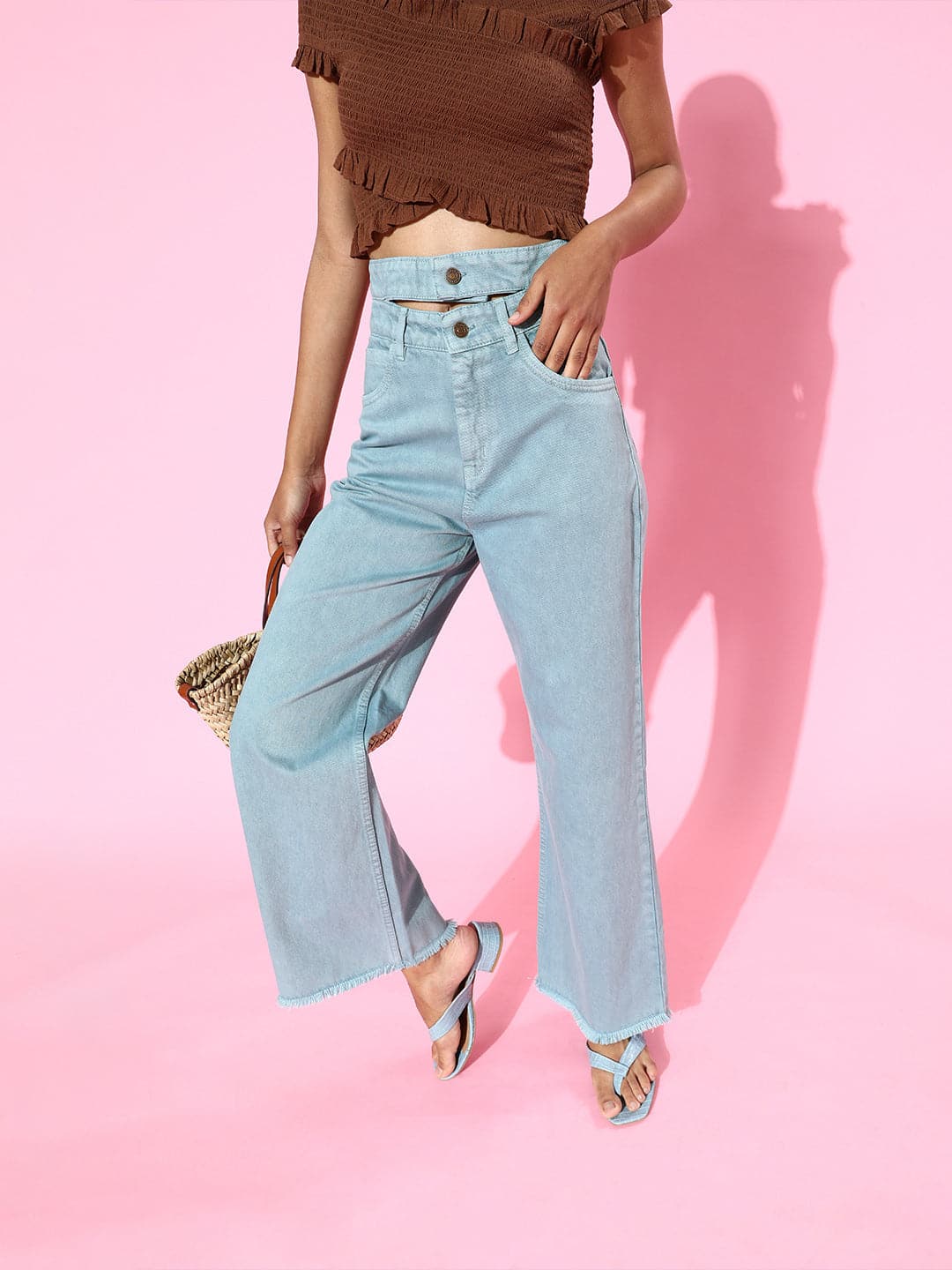 WIDE-LEG JEANS WITH DOUBLE WAISTBAND - Blue