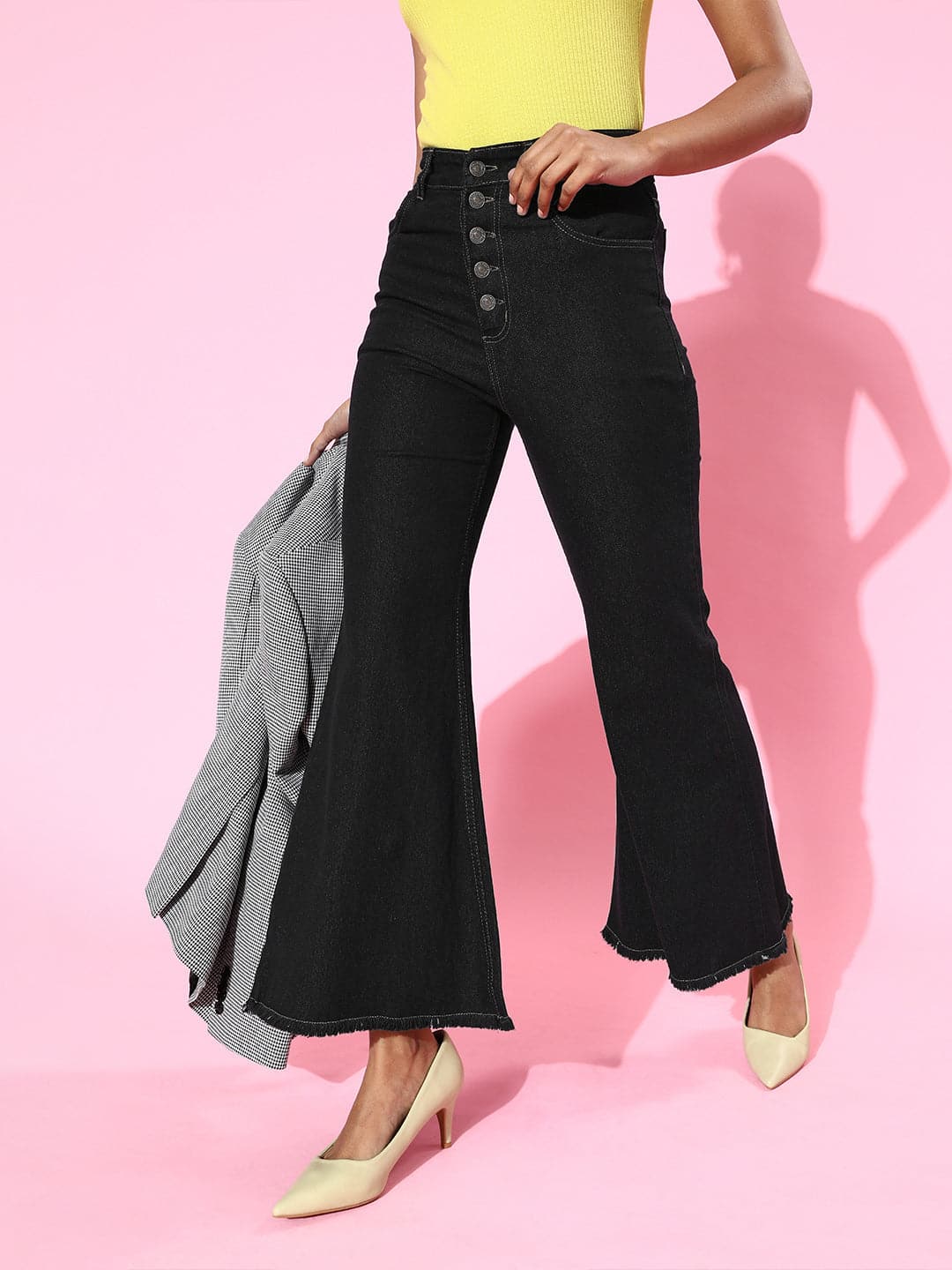Black Front Button Bell Bottom Jeans - Main Image