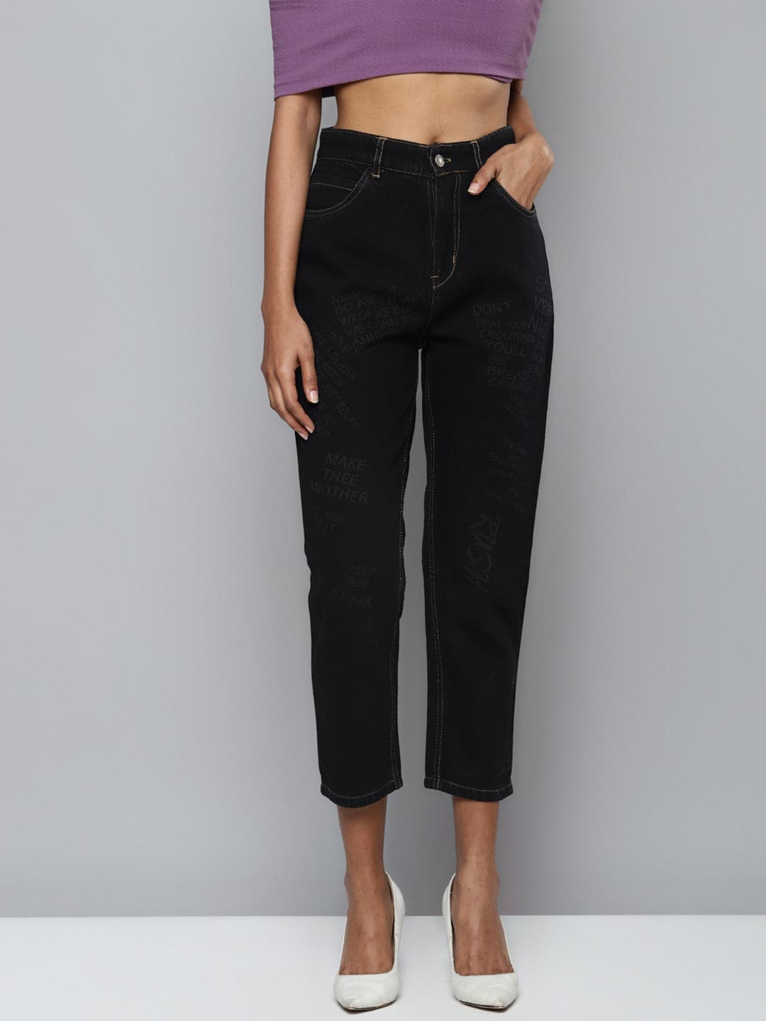 Black Denim Mom Fit Jeans - Main Image