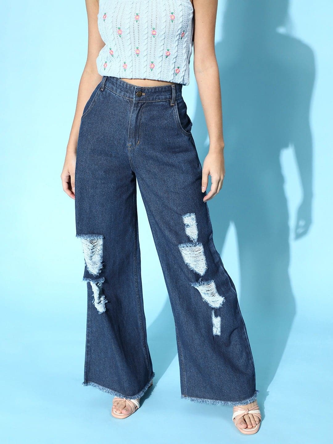 Blue Ripped Distress Straight Jeans - Main Image