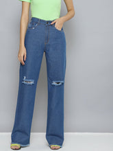 Women Blue Wide Leg Distressed Slit Jeans-Jeans-SASSAFRAS