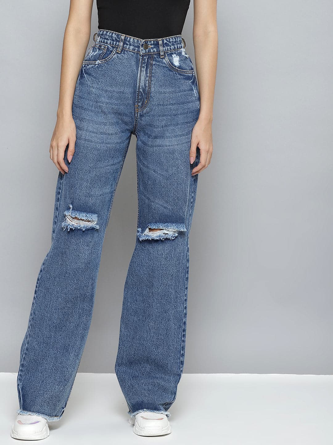 Women Ice Blue Wide Leg Distressed Slit Jeans-Jeans-SASSAFRAS