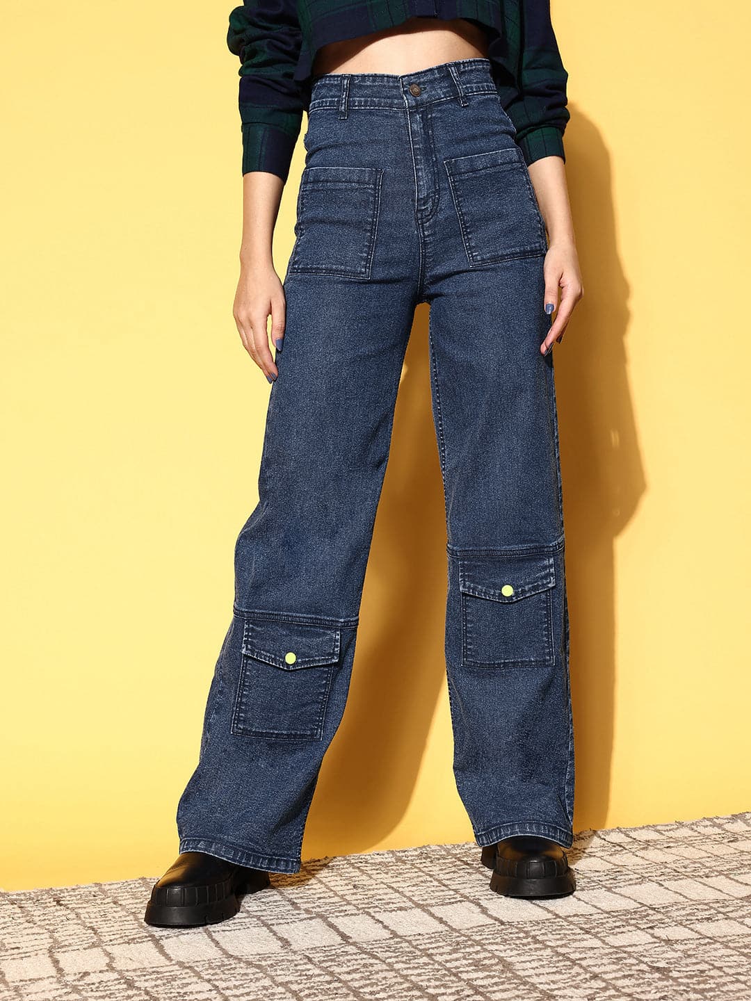 Buy Women Blue Washed Multi Pocket Stretch Straight Jeans Online