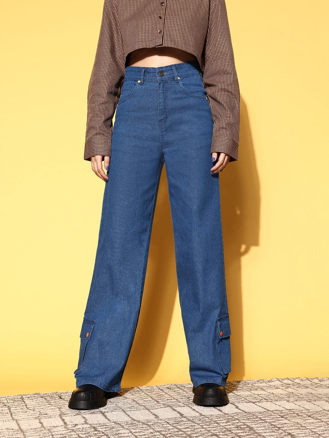 Blue Hem Pocket Stretch Straight Jeans-SASSAFRAS