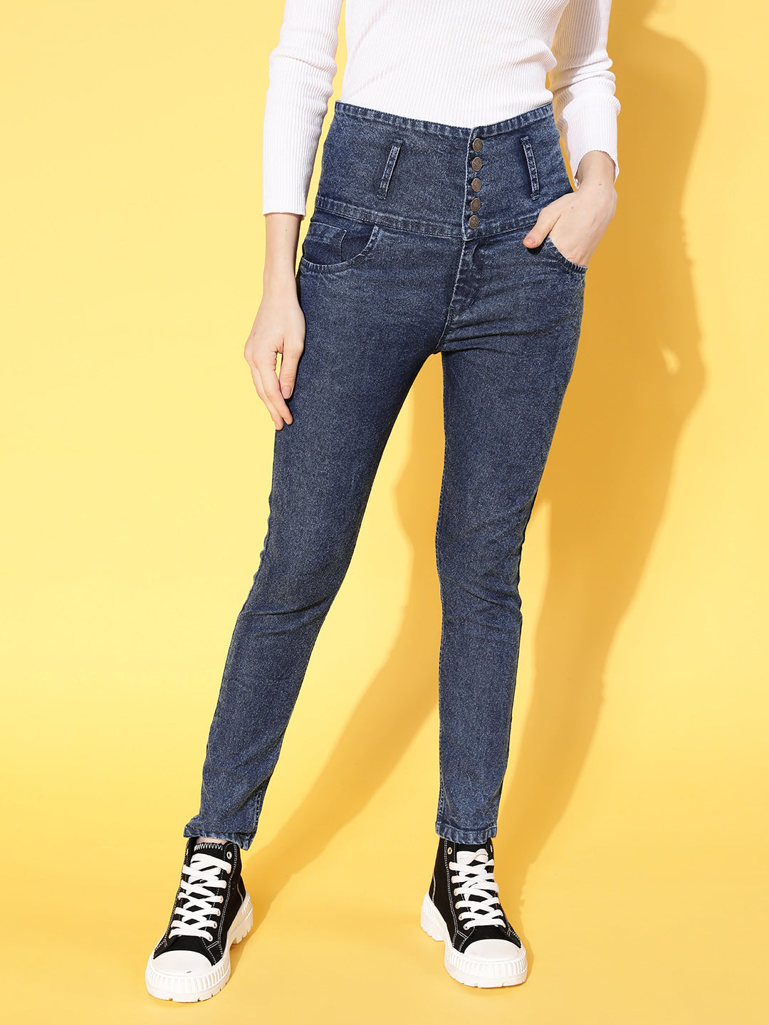 Women Blue Washed Front Button High Waist Jeans