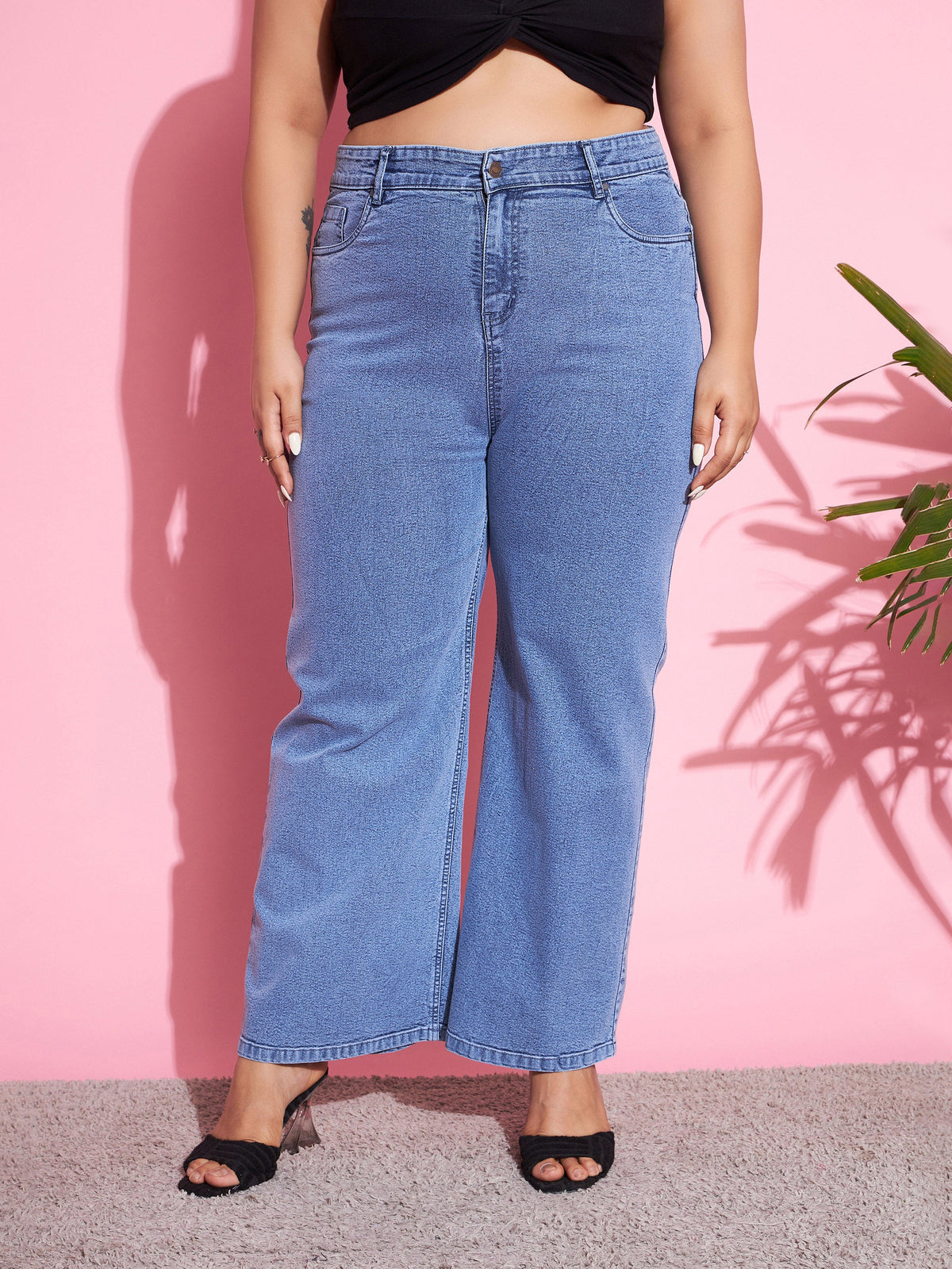 Blue Acid Wash Denim Straight Jeans-SASSAFRAS Curve