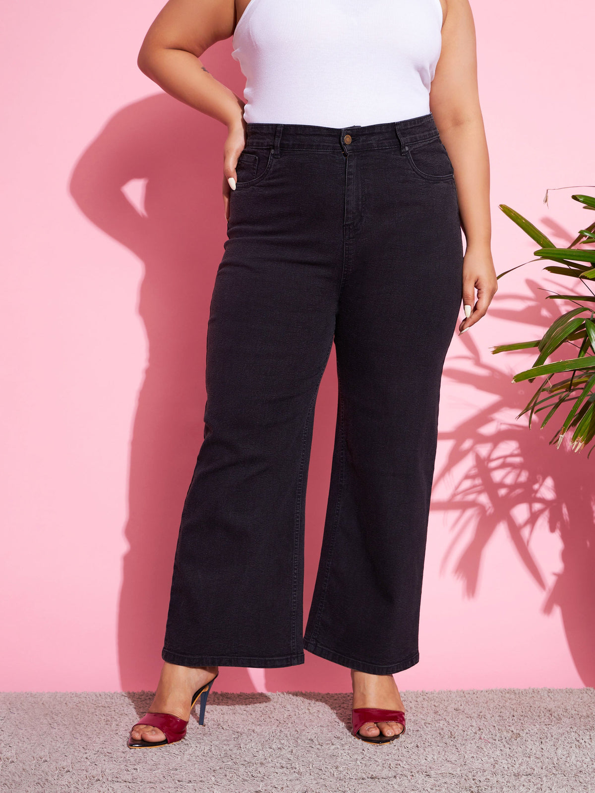 Black Acid Wash Denim Bell Bottom Jeans-SASSAFRAS Curve
