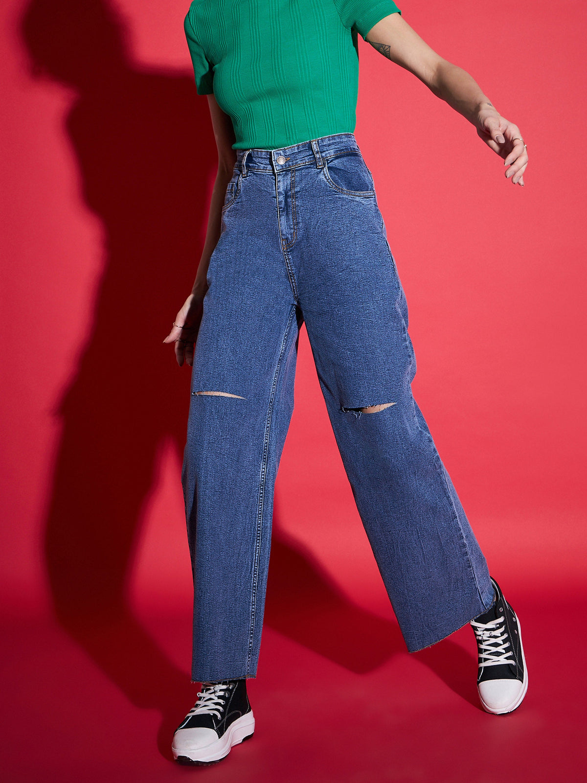 Navy Denim Premium Knee Slit Straight Jeans-SASSAFRAS