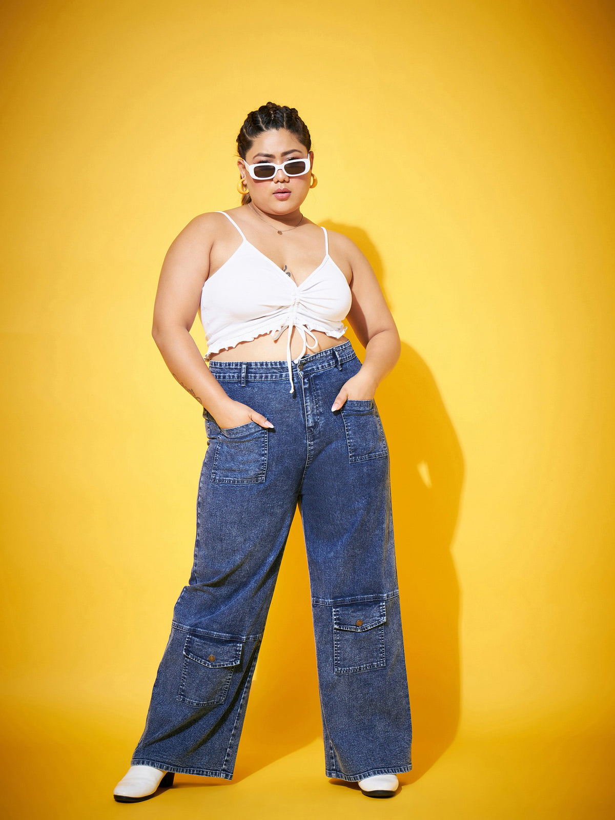 Blue Acid Wash Multi Pocket Straight Jeans-SASSAFRAS Curve