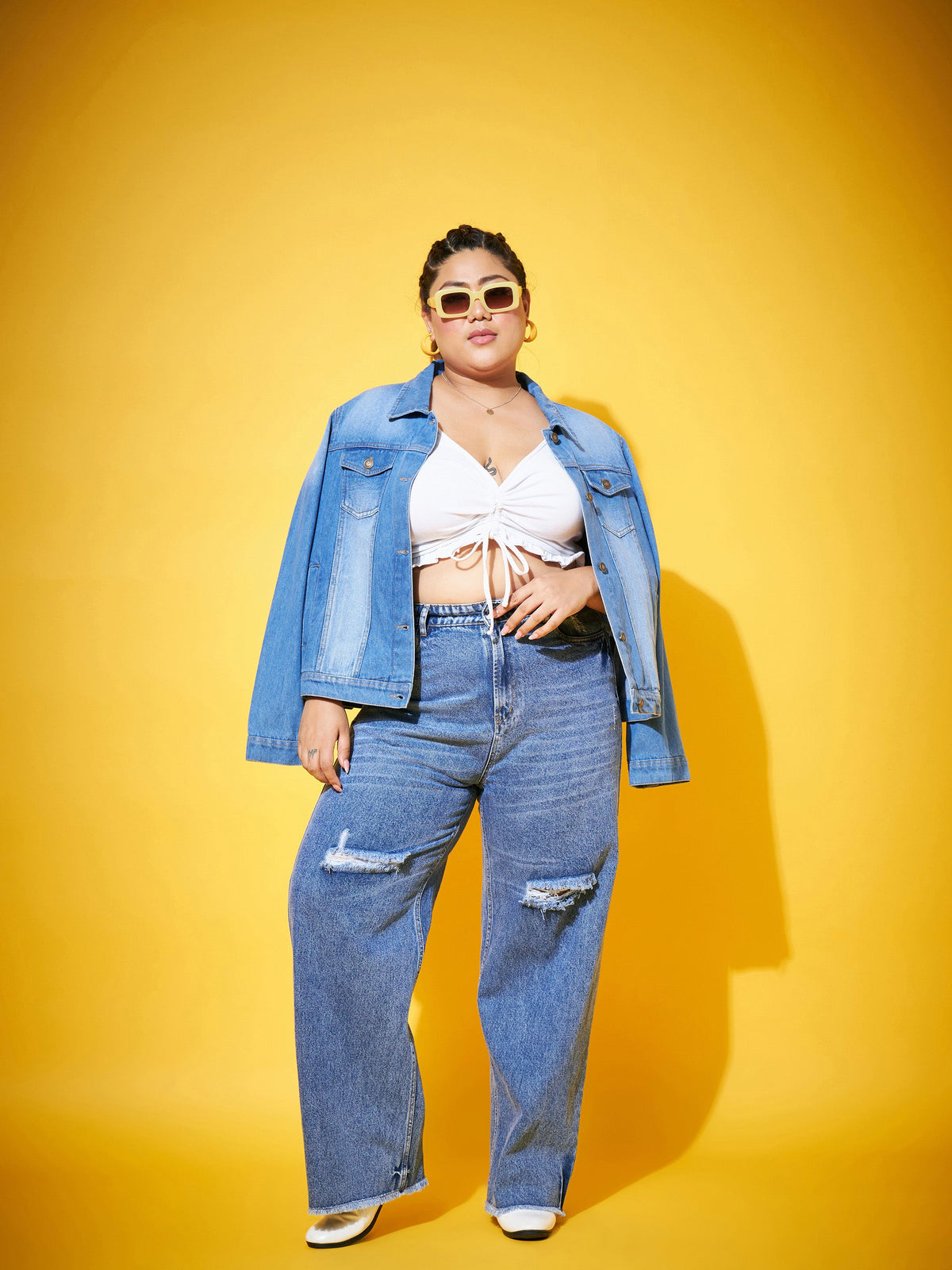Blue Wash Distressed Slit Straight Jeans-SASSAFRAS Curve