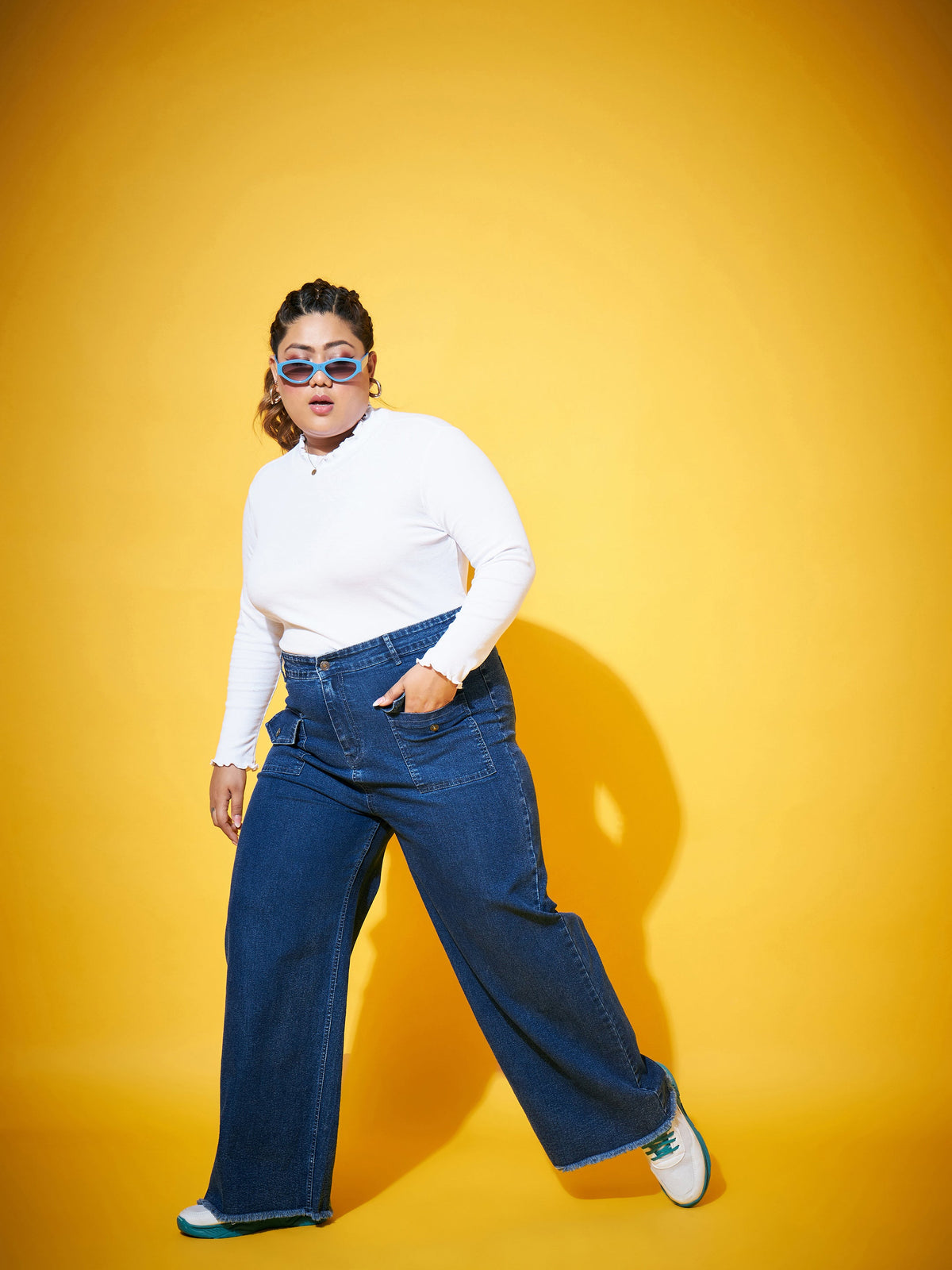 Blue Wash Front Flap Pocket Straight Jeans-SASSAFRAS Curve