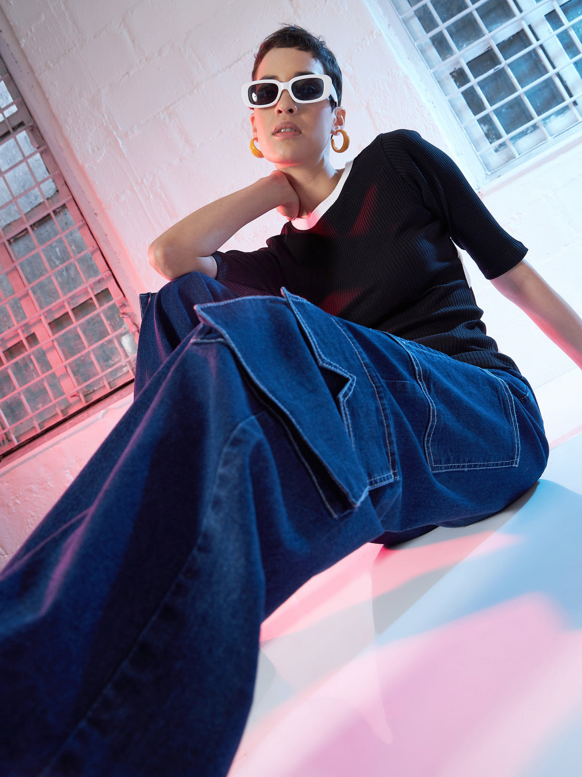 Blue Boxy Pockets Cargo Jeans -SASSAFRAS