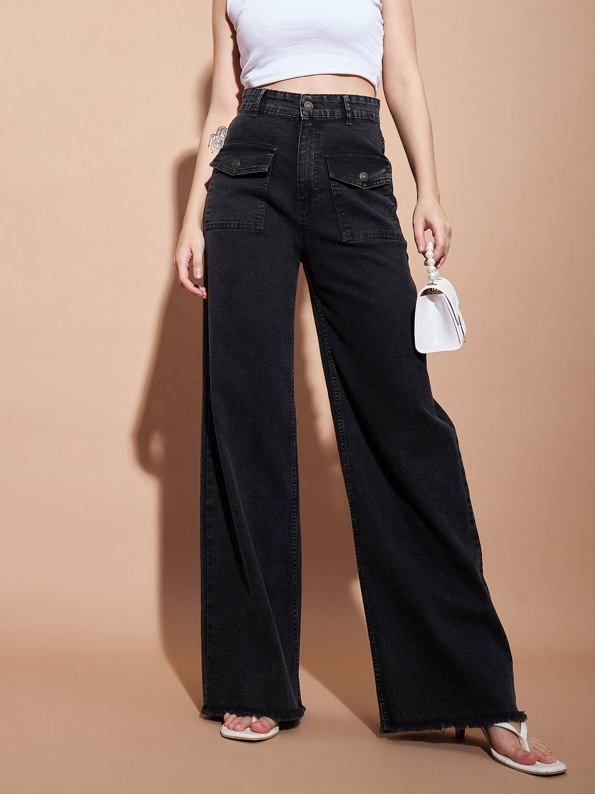 Black High Waist Flap Pocket Straight Jeans -SASSAFRAS BASICS