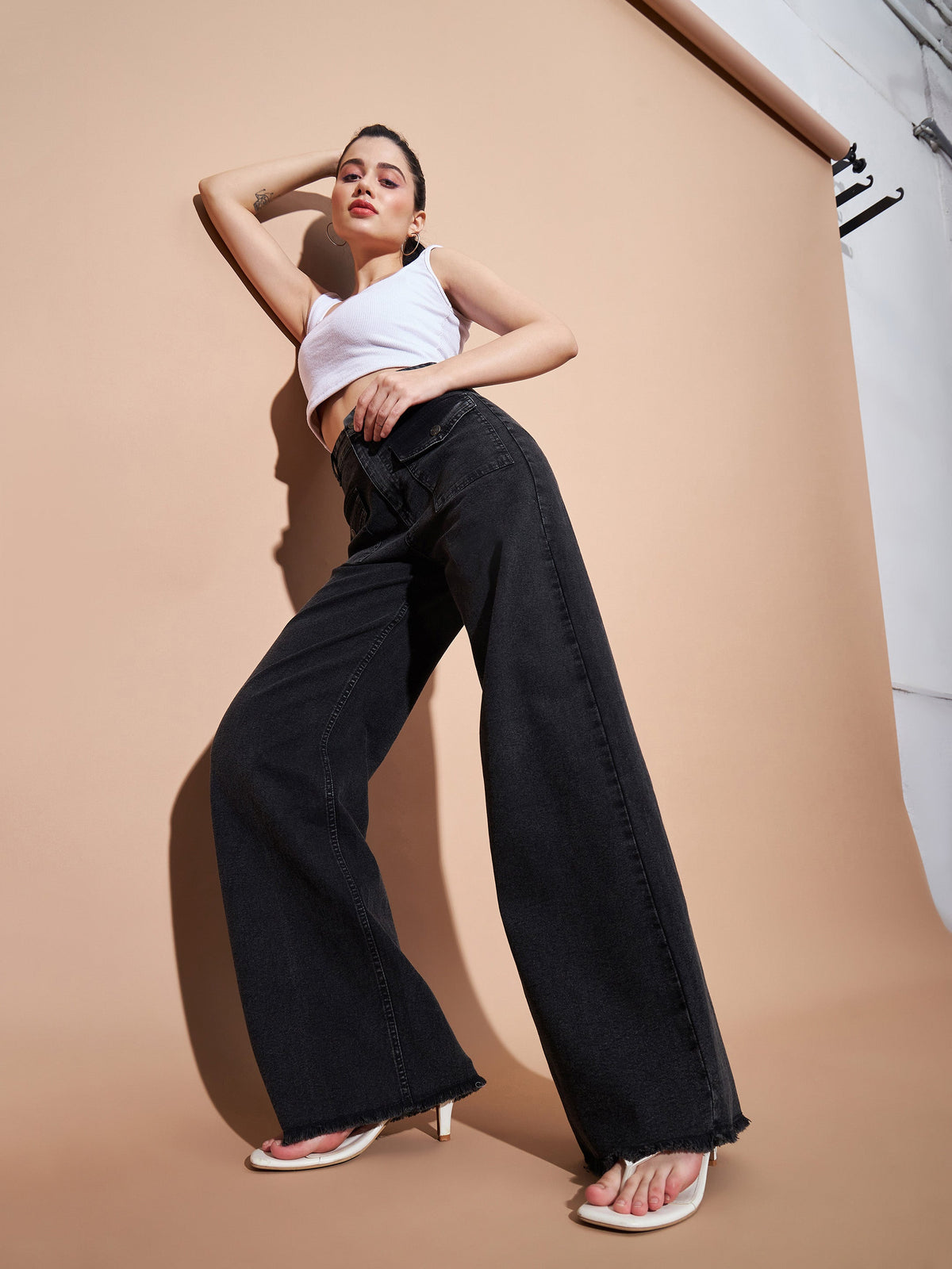 Black High Waist Flap Pocket Straight Jeans -SASSAFRAS BASICS