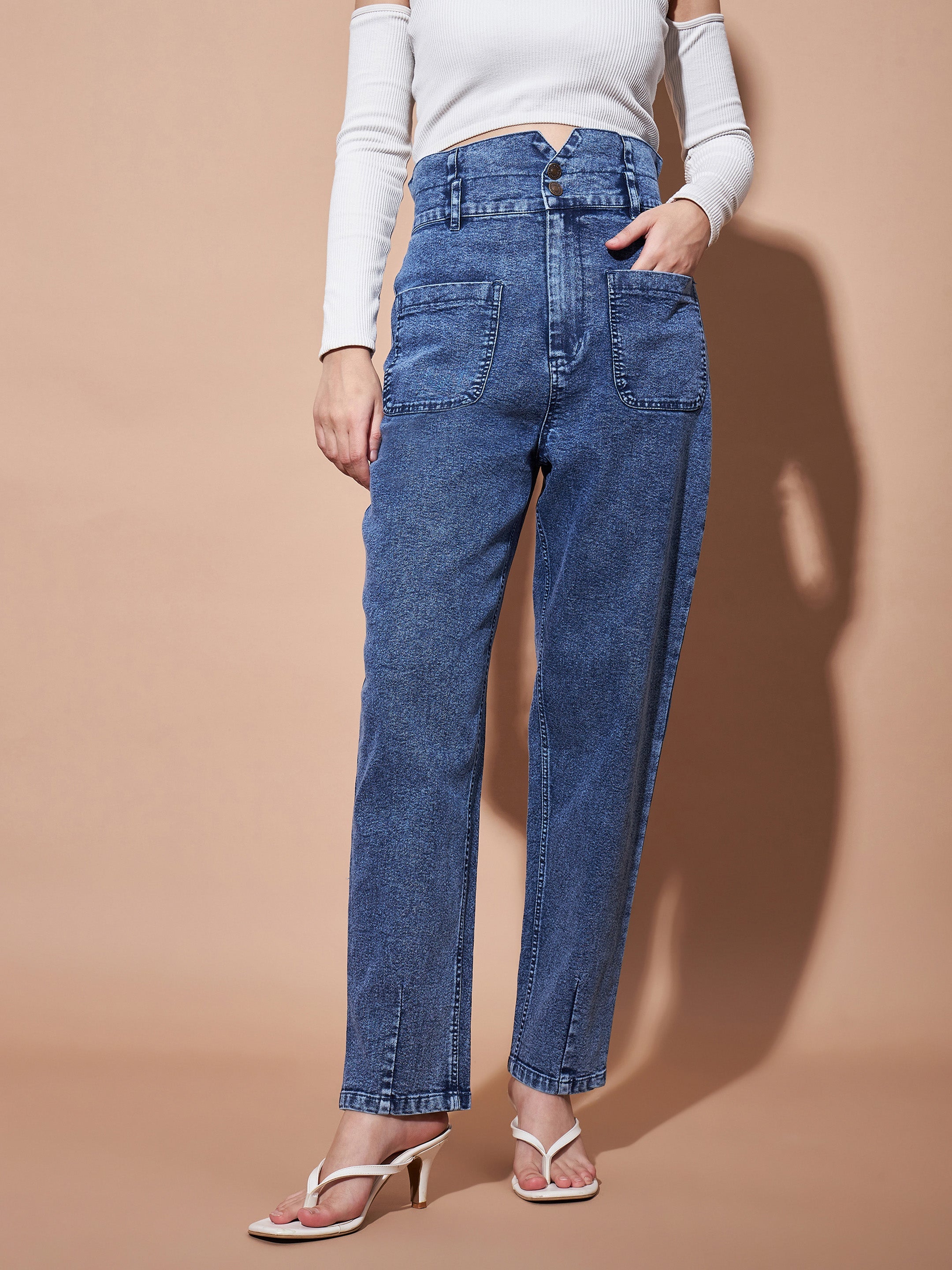 Buy Blue High PaperBagWaist Baggy Jeans Online At Best Price