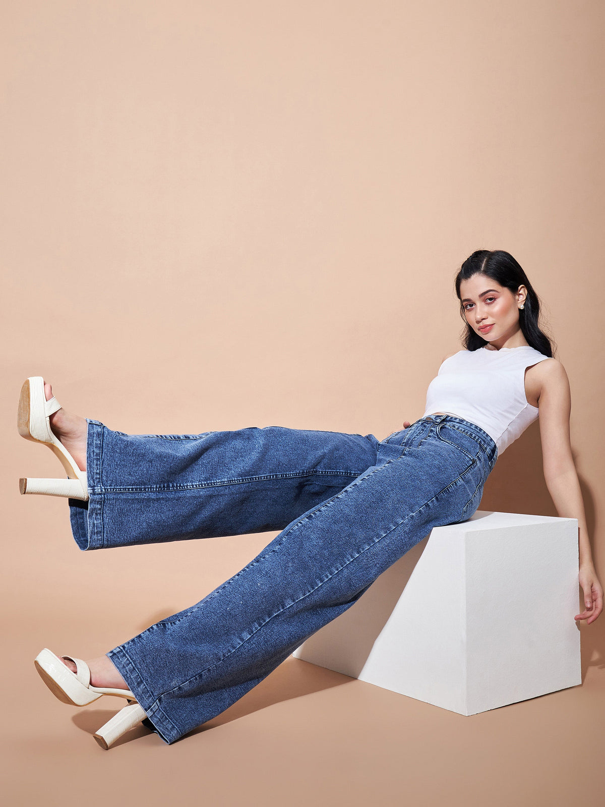 Blue High Waist Seam Detail Straight Jeans-SASSAFRAS BASICS