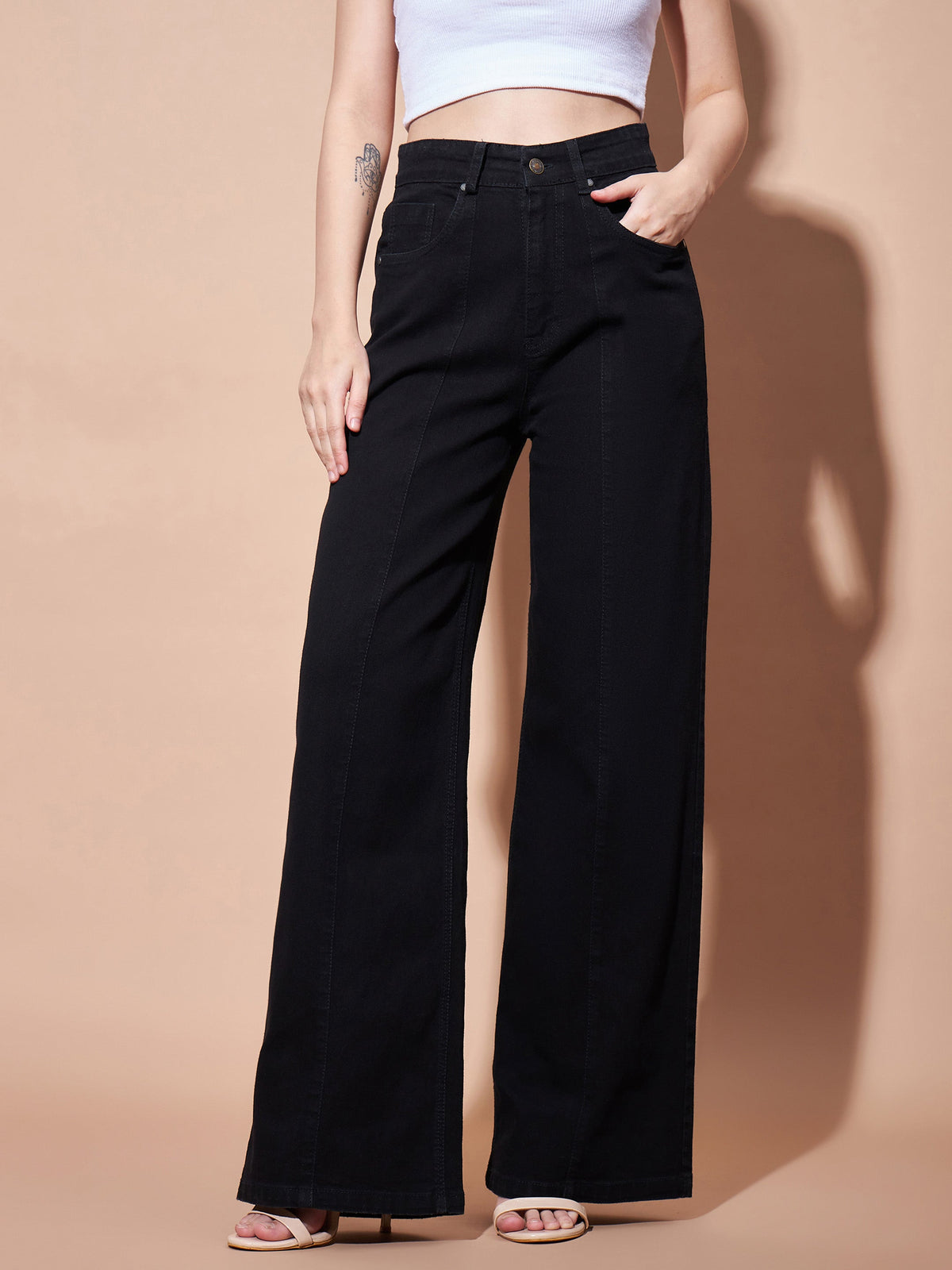Black High Waist Seam Detail Straight Jeans-SASSAFRAS BASICS