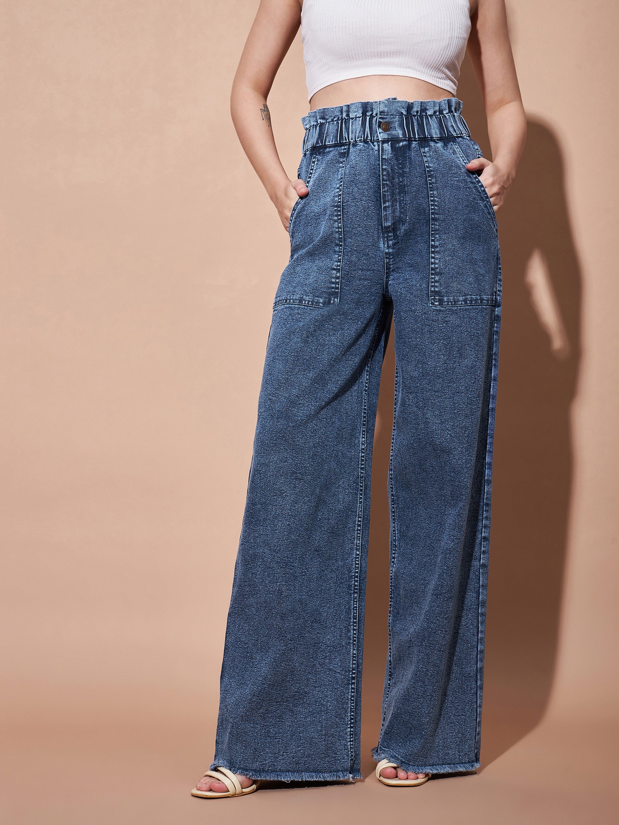 Buy Blue Paper Bag Waist Straight Jeans Online At Best Price