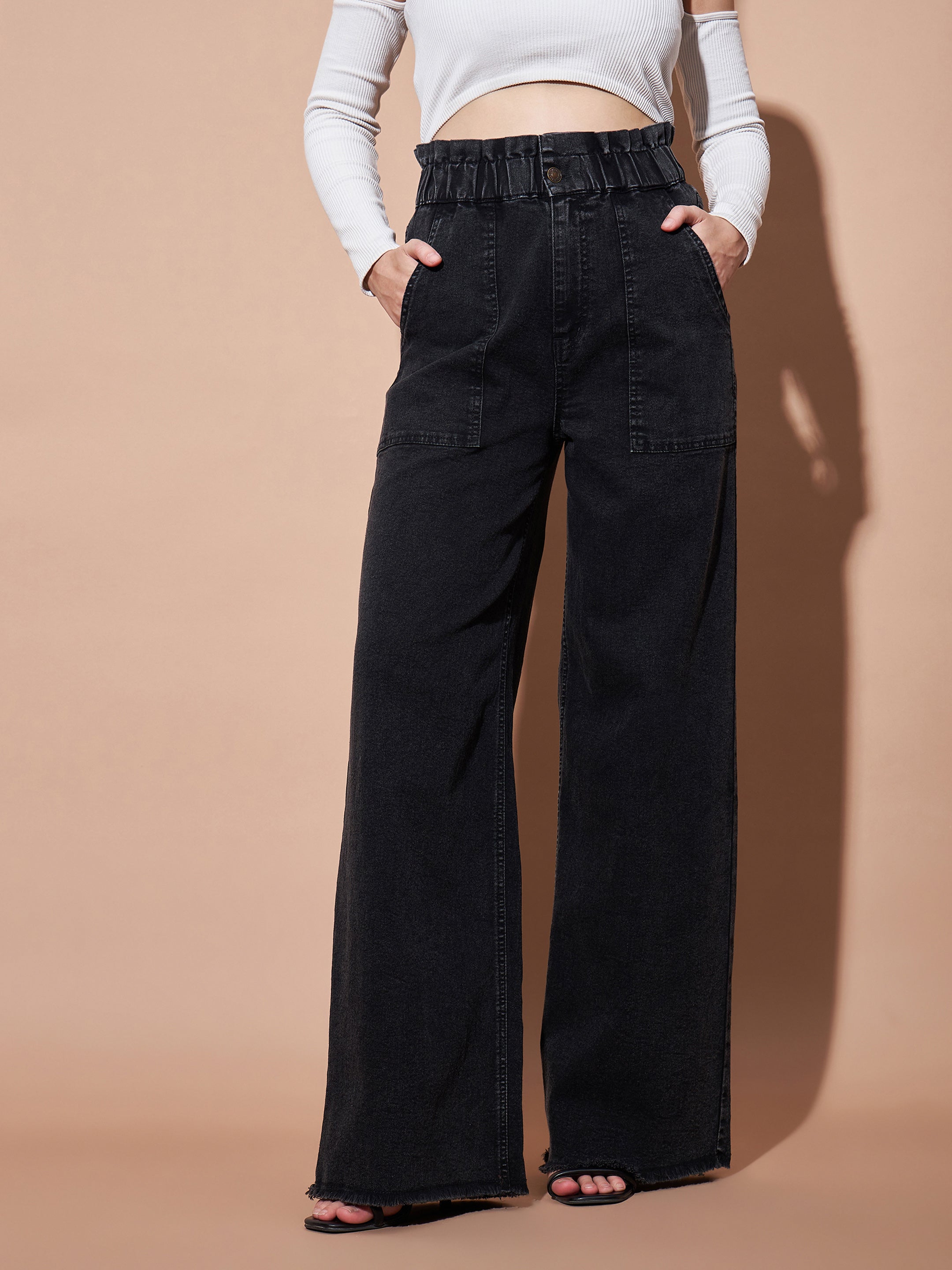Buy Women Black Paper Bag Waist Straight Jeans Online at Best