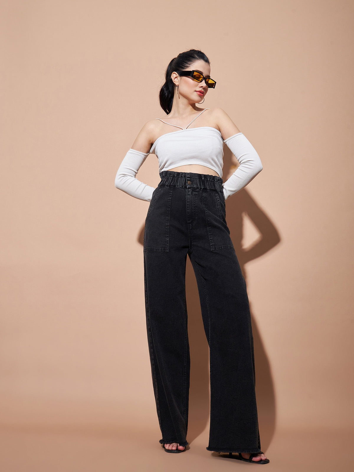 Black Paper Bag Waist Straight Jeans-SASSAFRAS BASICS