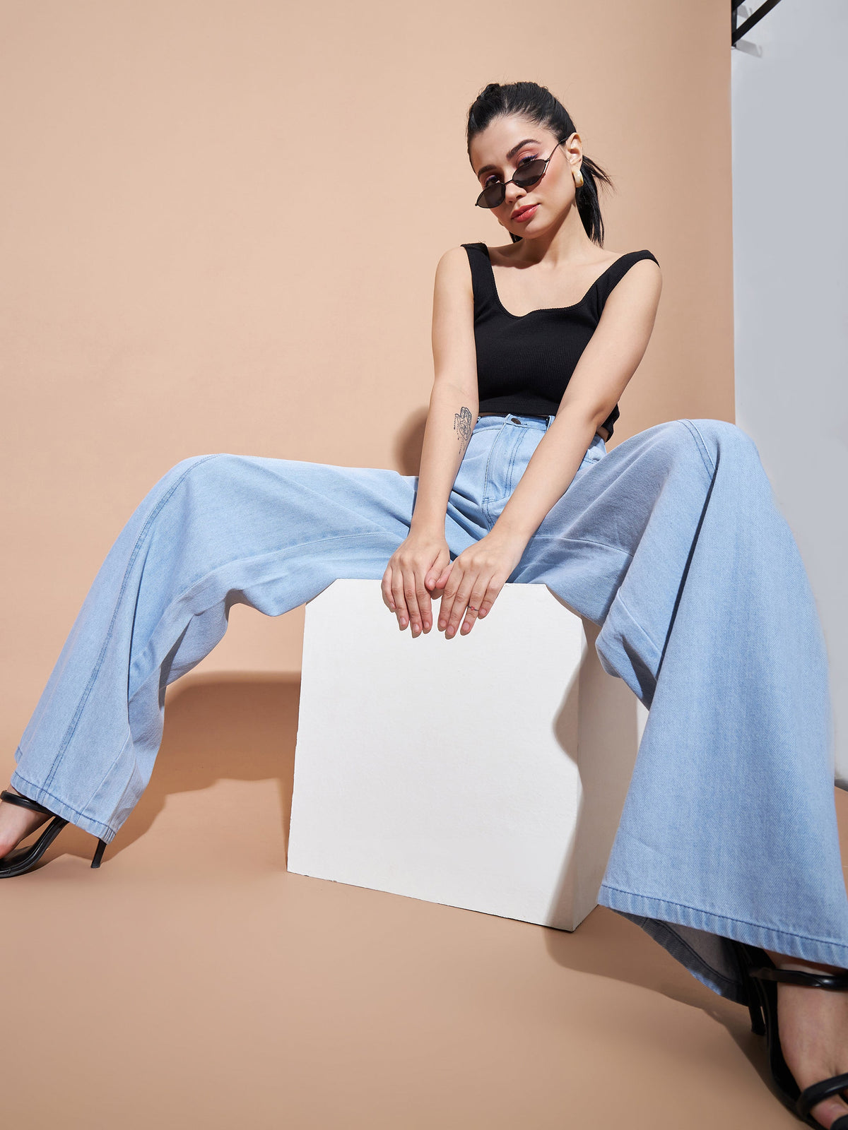 Ice Blue Seam Detail Wide Leg Jeans -SASSAFRAS BASICS