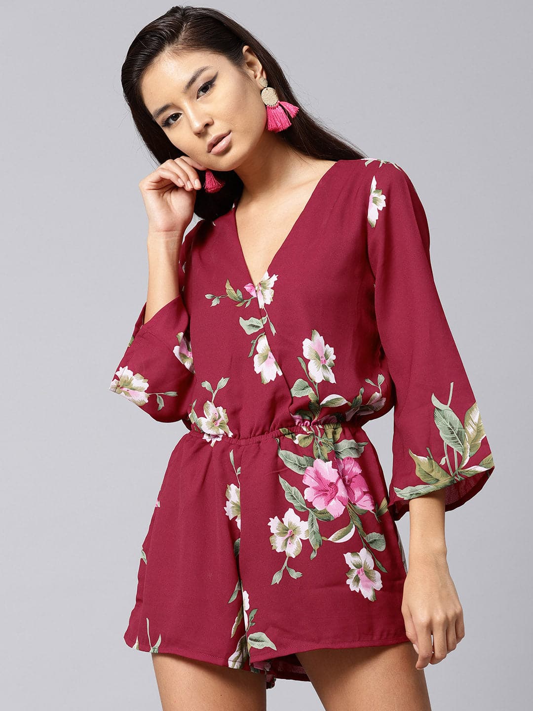 Maroon Tropical Wrap Romper-Romper-SASSAFRAS