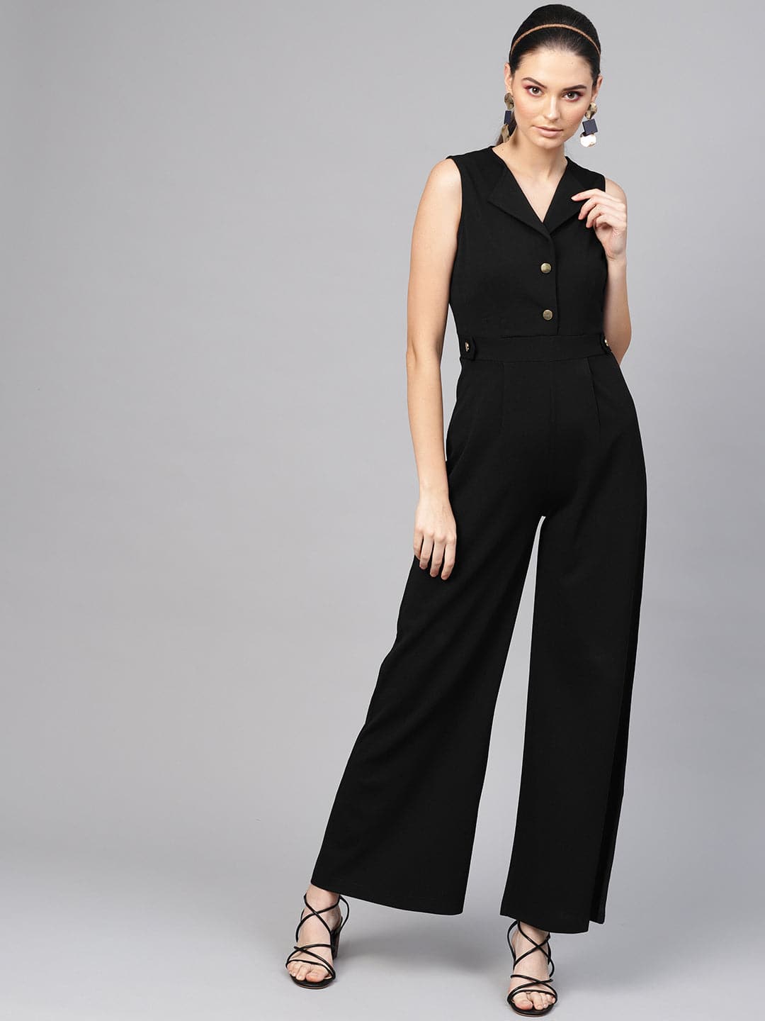 Black Collared Flare Leg Jumpsuit-Jumpsuits-SASSAFRAS