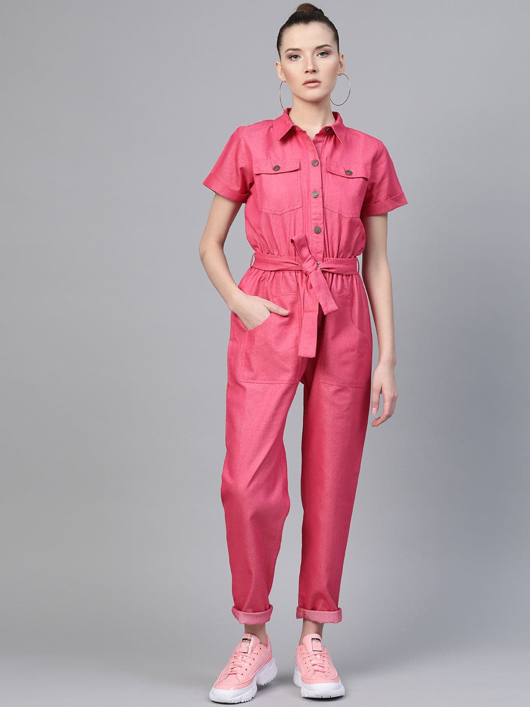 Women Cargo Buttons Belted Jumpsuits Ladies Casual Short Sleeve Romper  Playsuit~