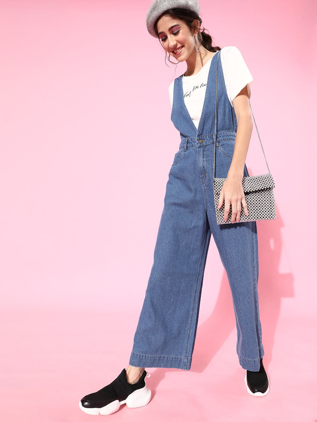 Blue Deep V-Neck Denim Flared Leg Jumpsuit-Jumpsuits-SASSAFRAS