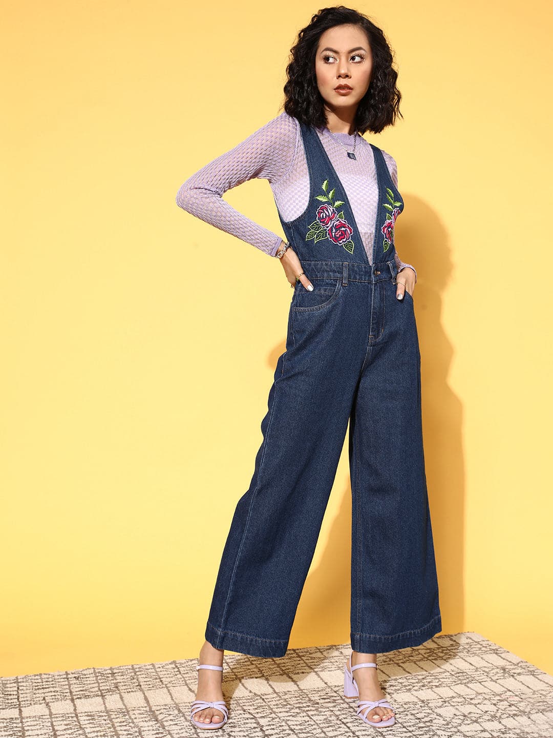 Women Dark Blue Embroidered Denim Jumpsuit - Main Image